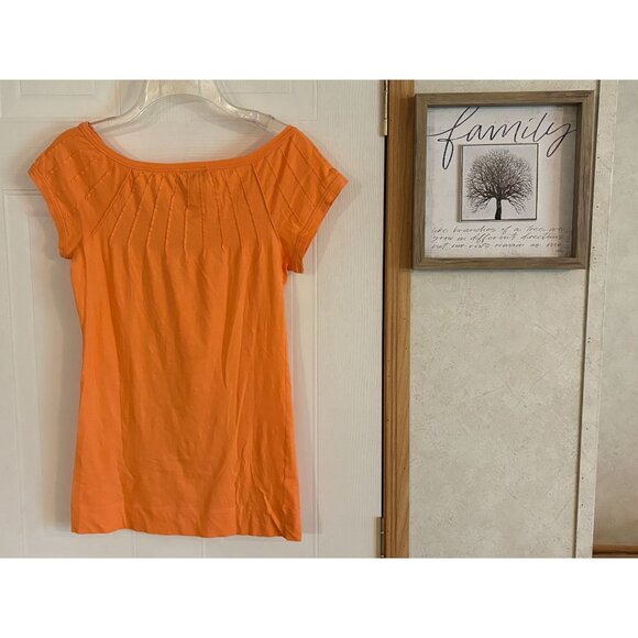 Theory Orange Short Cap Sleeve Pleated Neck T-shirt Top Pima Cotton Stretch P XS - Picture 8 of 11